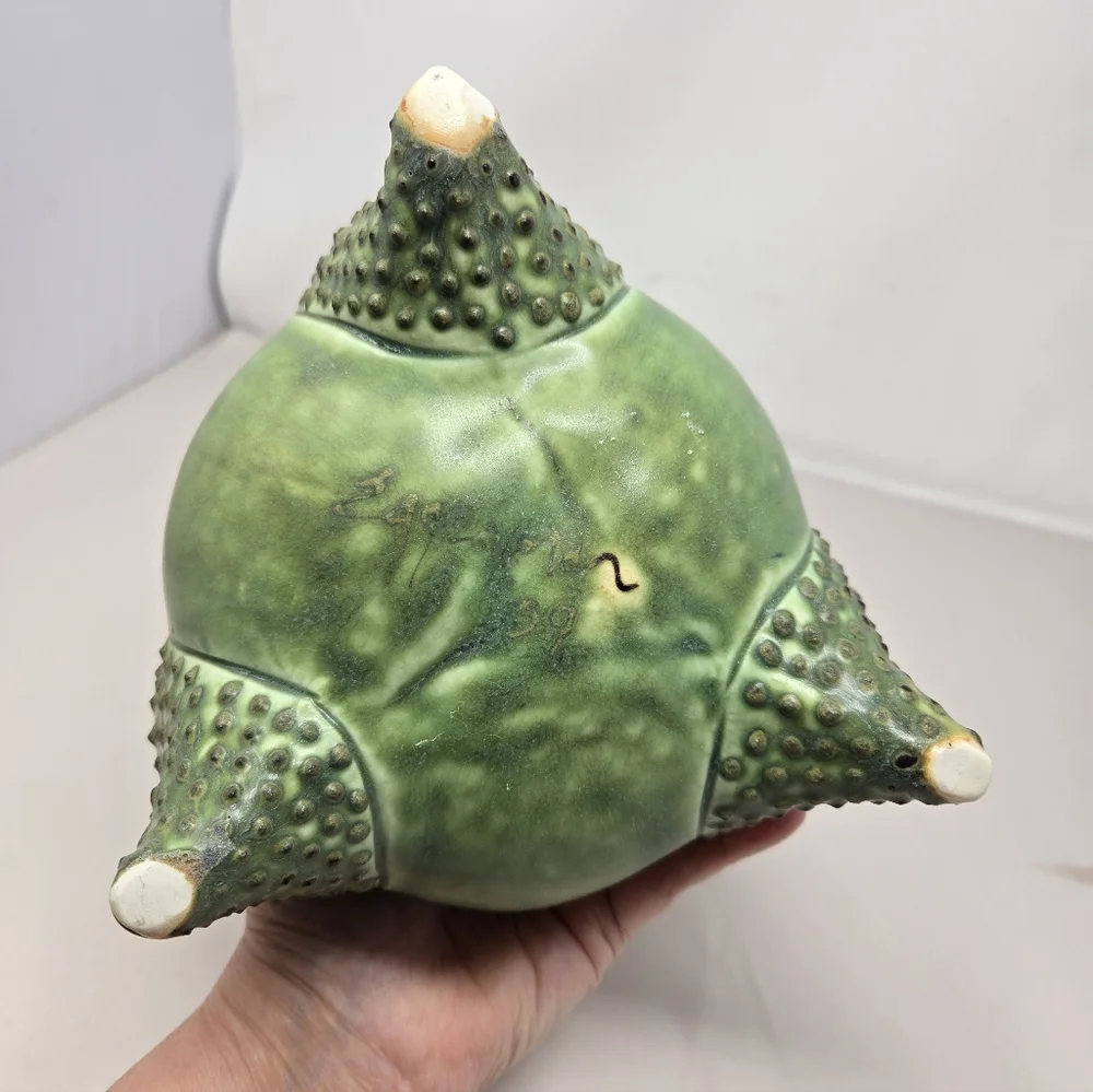 Unique One Of A Kind Ceramic Vase Tulip Shape Top 3D Polka Dots Of Green 3 Legs